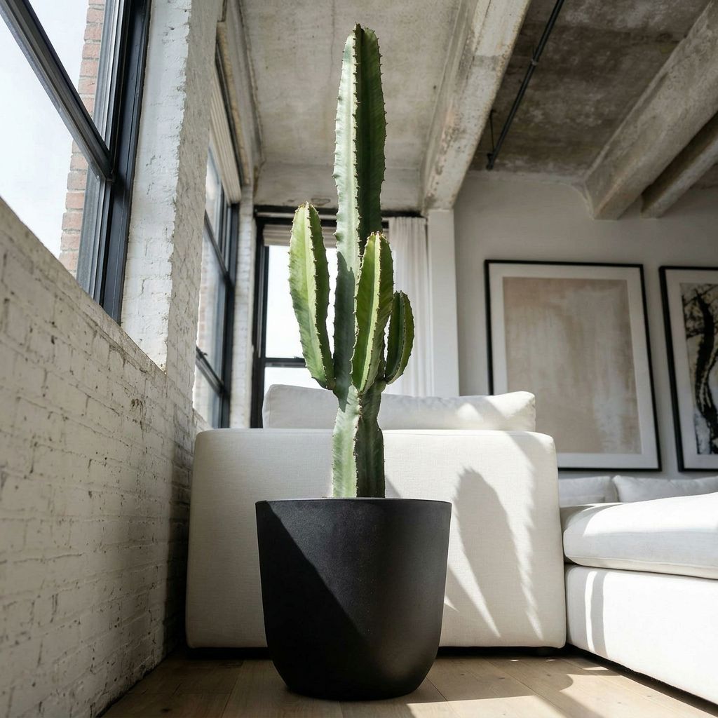 Euphorbia Acrurensis in een industrieel interieur met beton en staal
