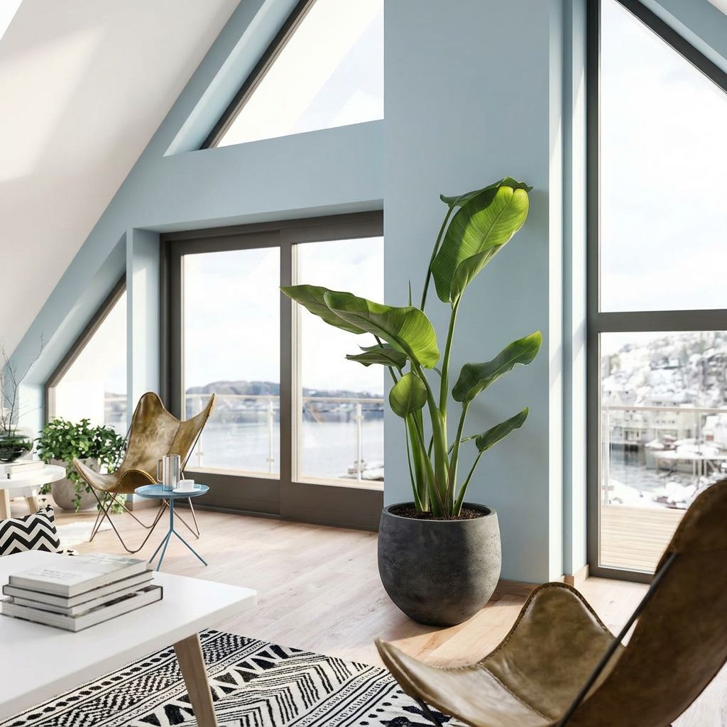 Strelitzia Nicolai als blikvanger in een licht Scandinavisch interieur