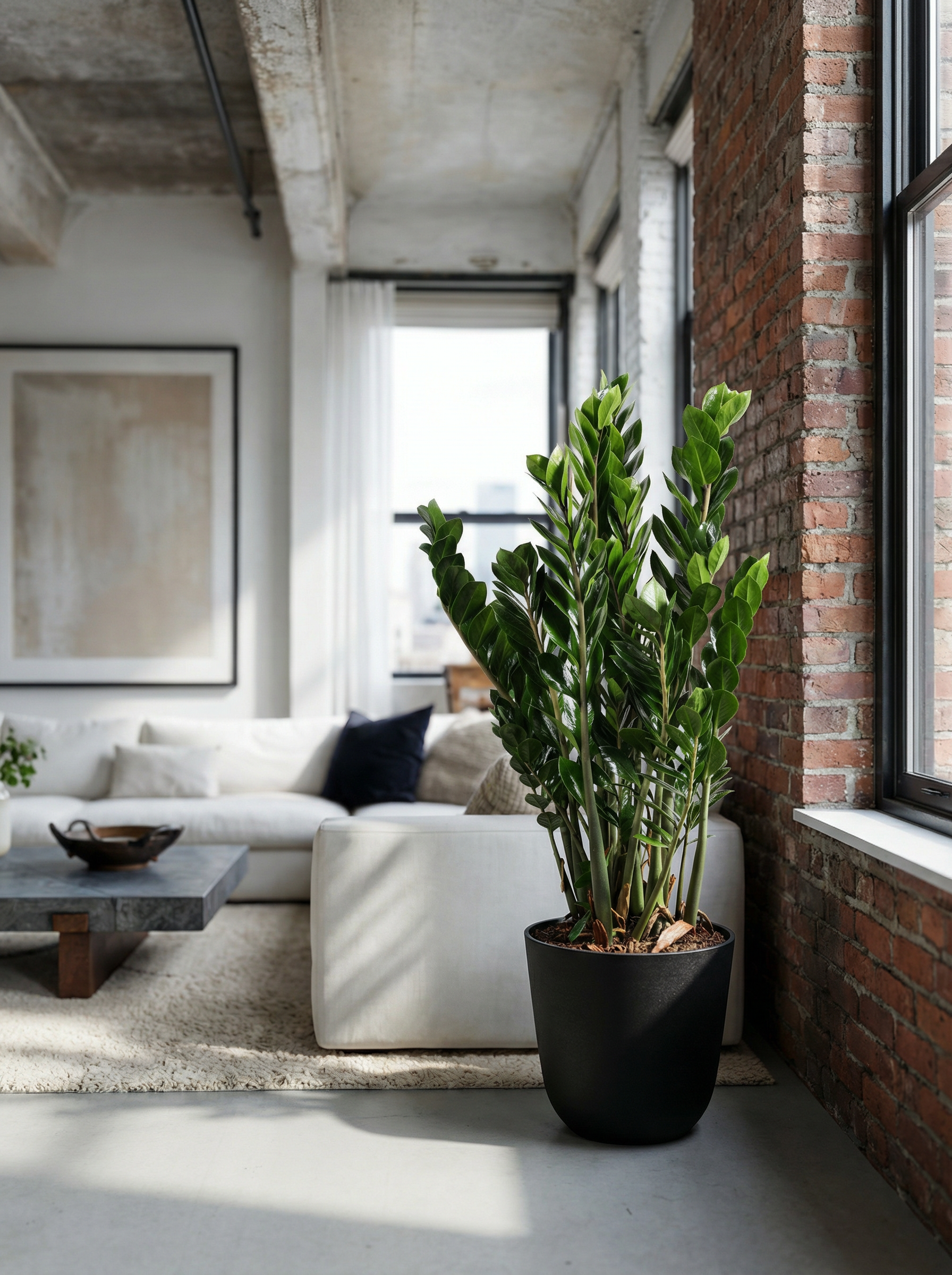 Zamioculcas ZZ-plant, een kamerplant voor weinig licht, in een mat keramische pot