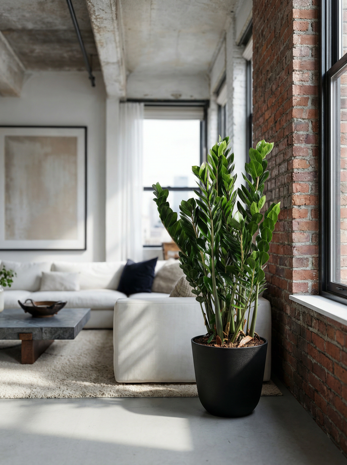 Zamioculcas ZZ-plant, een kamerplant voor weinig licht, in een mat keramische pot