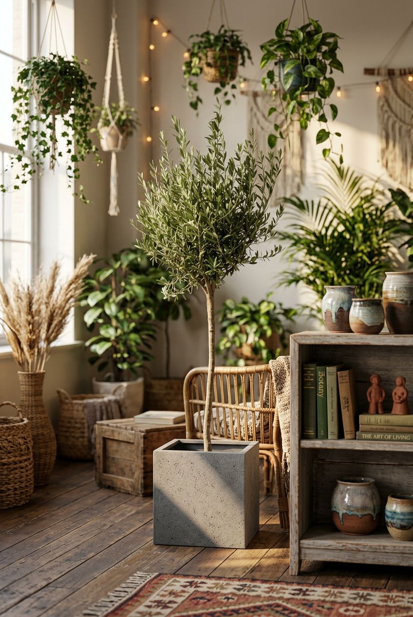 Olea Europaea op stam in urban jungle interieur - Plantelièr