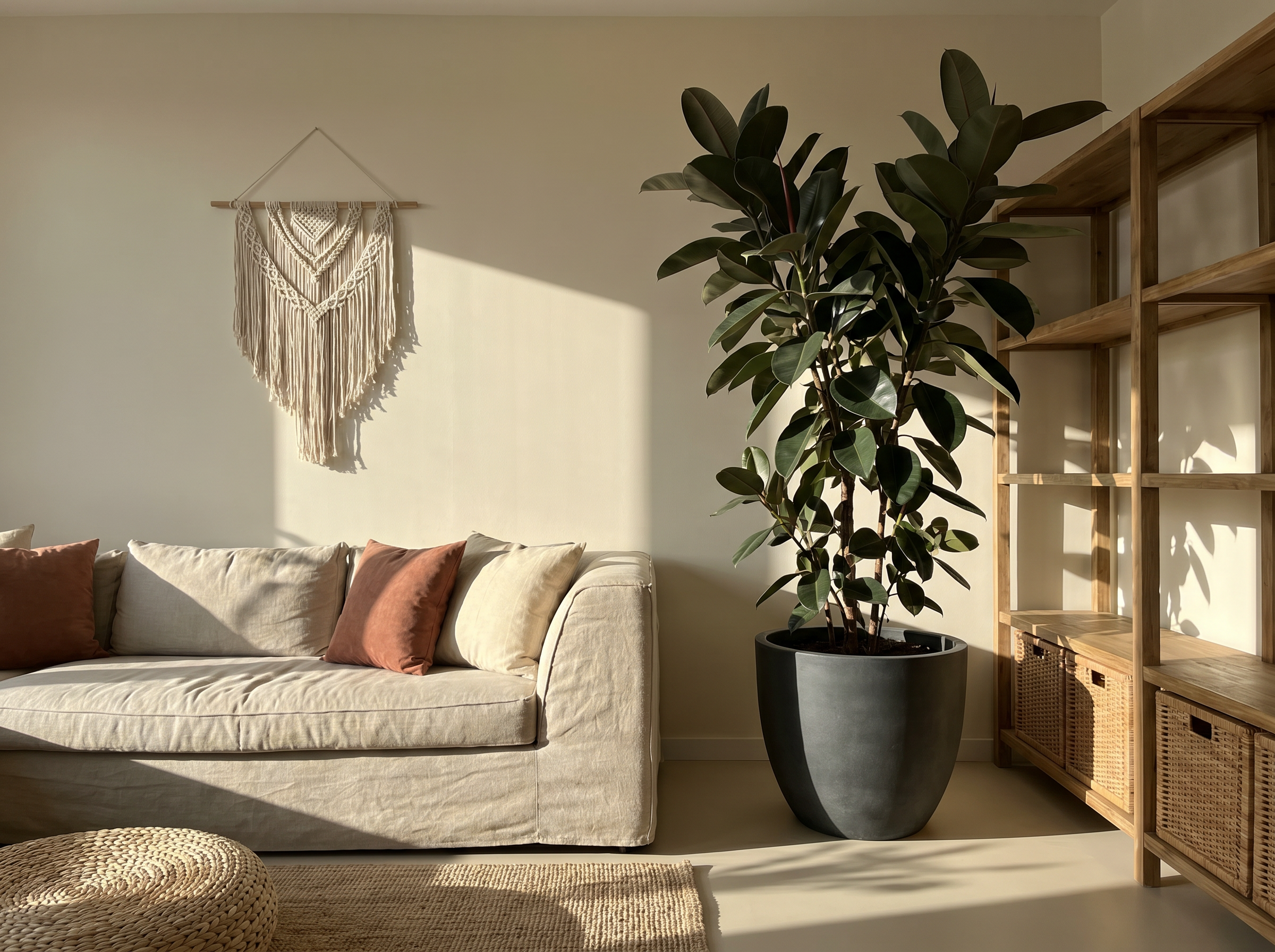 Ficus Elastica Burgundy met wijnrood blad tegen een donkere wand