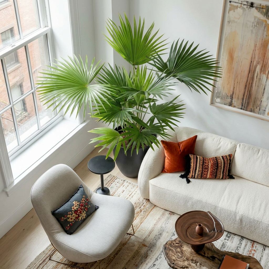 Livistona Chinensis waaierpalm in een licht mediterraans interieur