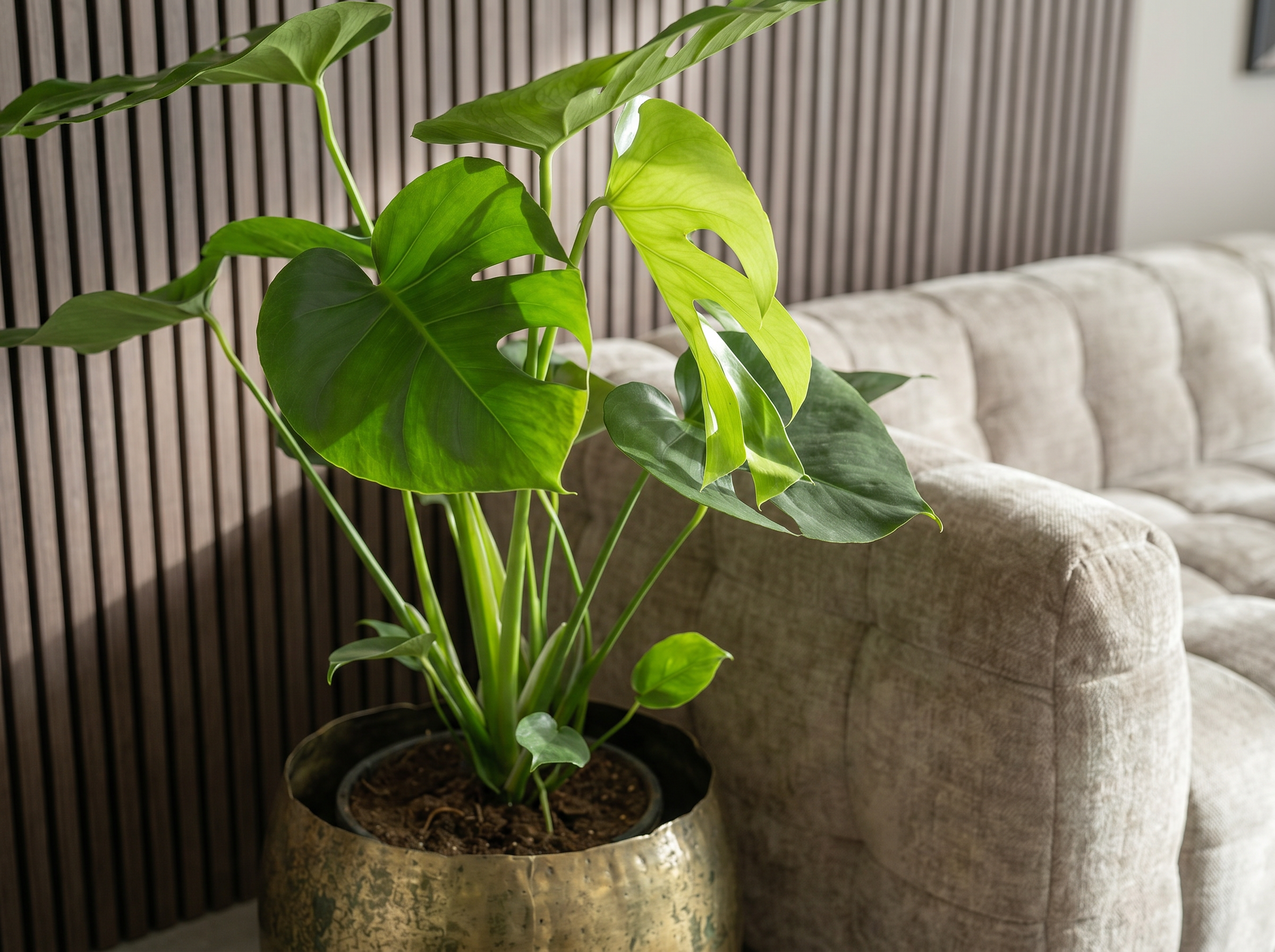 Monstera Deliciosa Tauerii in een Urban Jungle interieur met warme tinten