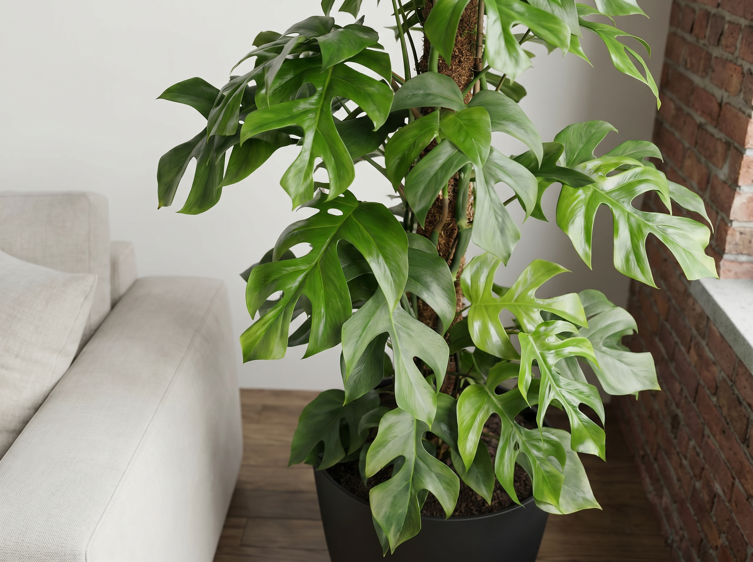 Monstera Minima in een gestylede Urban Jungle hoek met meerdere planten