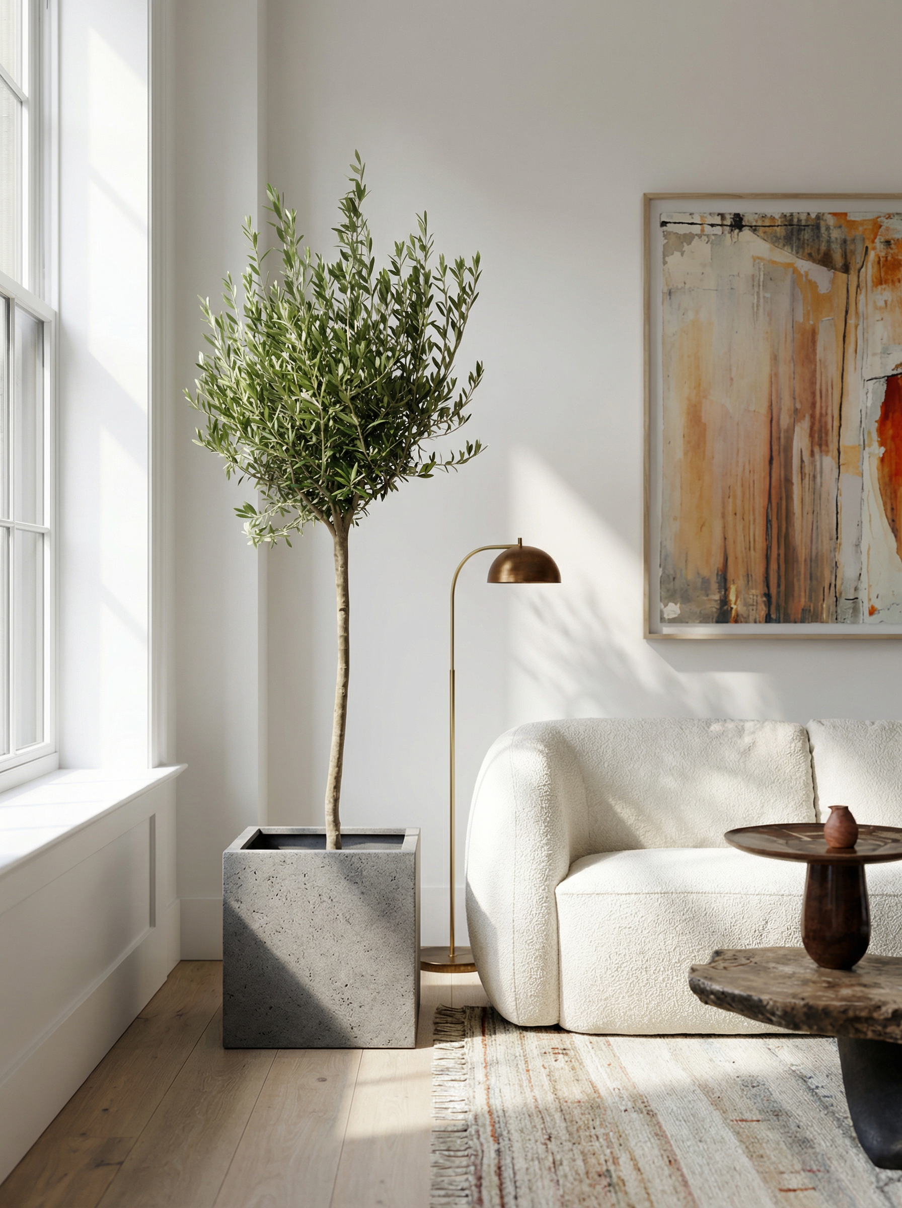 Olijfboom op stam met knoestige stam, passend bij een wabi-sabi interieur