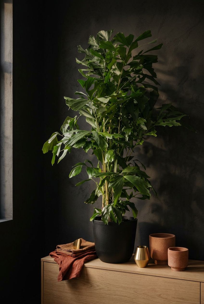 Caryota Mitis vissenstaartpalm in een warm, donker Japandi interieur