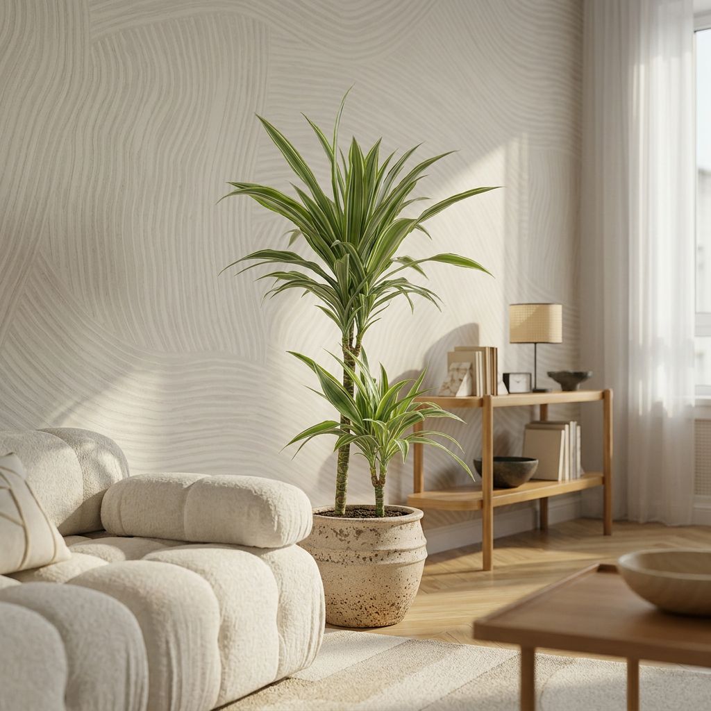 Dracaena Deremensis White Stripe (Accentplant) in een warm minimalistisch interieur