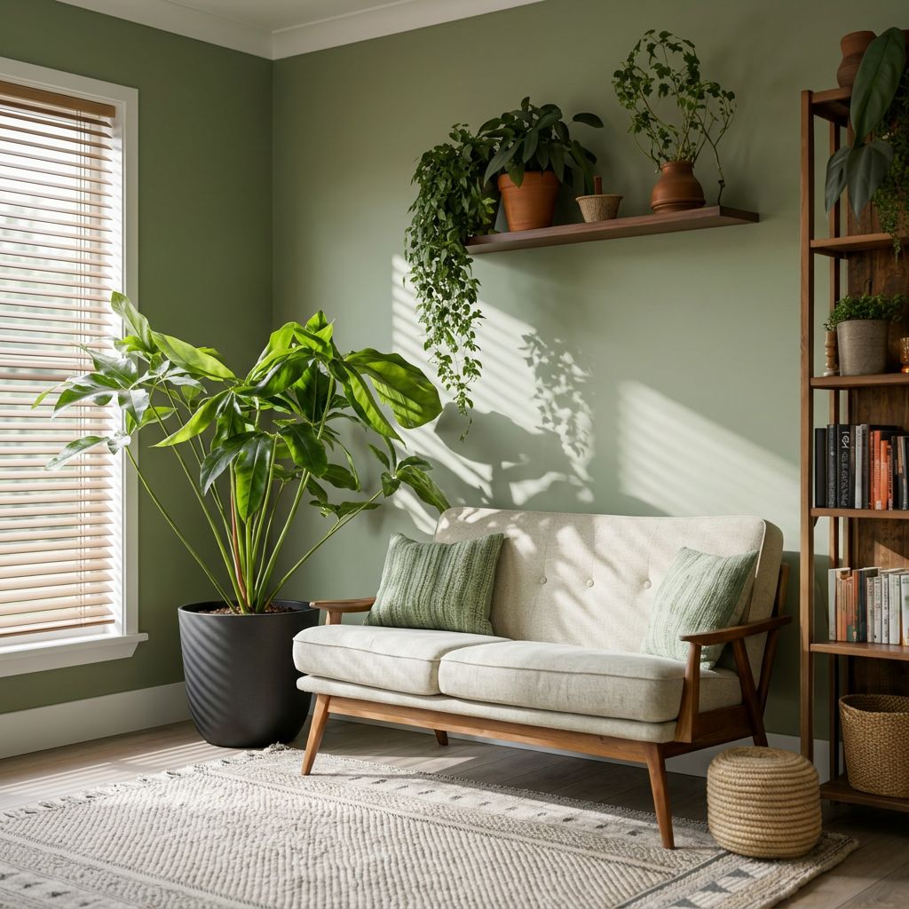 Urban jungle interieur met gelaagd groen tegen een lichte wand